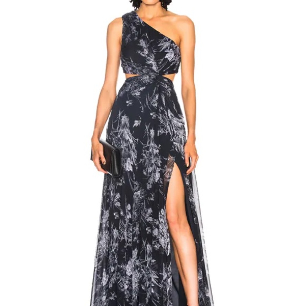 Cinq a Sept One-Shoulder Black and White Floral Dress